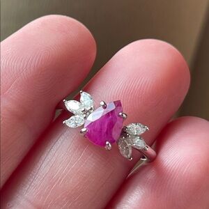 Natural Pink Ruby from Mozambique & Moissanite Ring 925 Sterling Silver Size 6